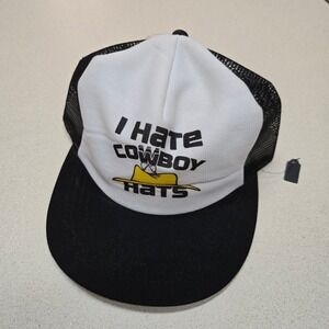 Vintage 1980s I Hate Cowboy Hats Trucker Hat Black White One Size Floppy Dad Cap